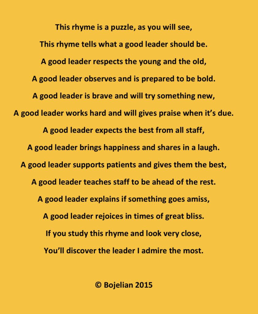 The text of Adam's poem leadership, which describes what makes good NHS Leadership