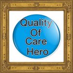 Blue badge saying Quality of Care Hero and gold frame